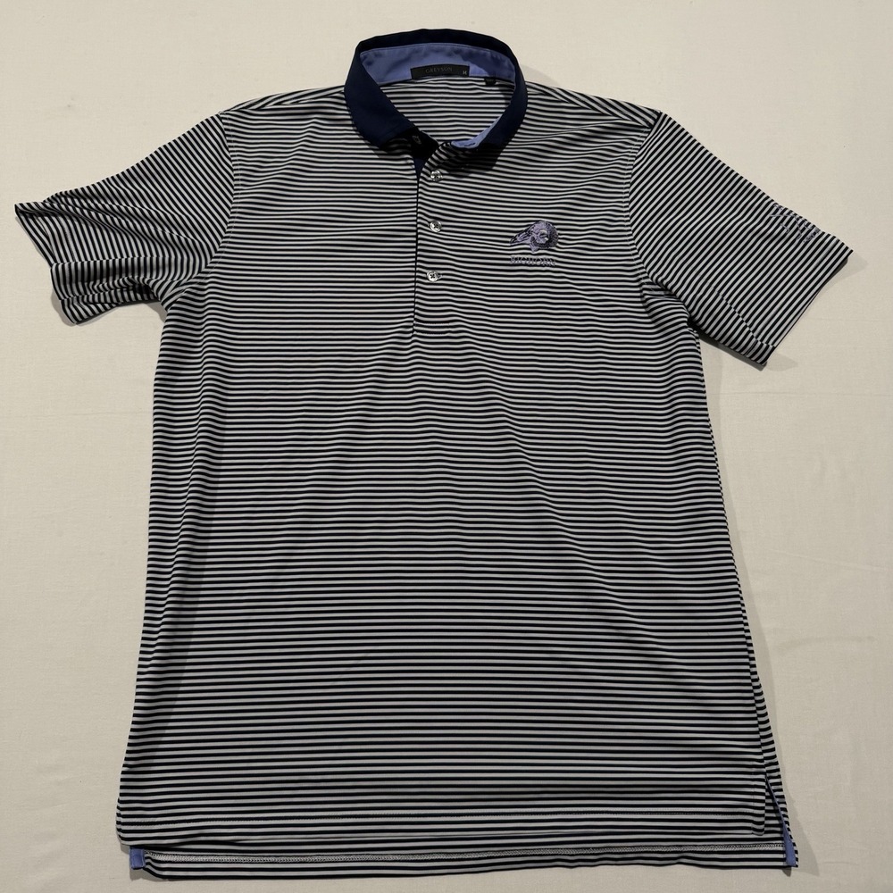 Greyson Polo Shirt Mens M Striped Bighorn Golf Club Navy Blue Performance Wolf